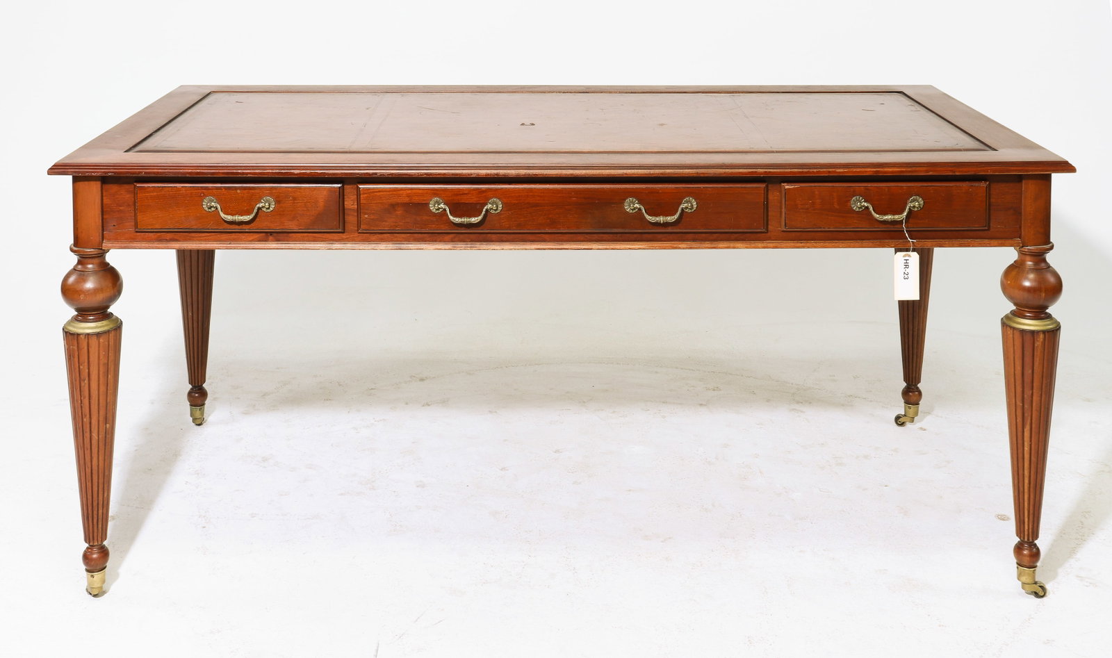 Ethan Allen Large Leather Top Desk: Ethan Allan Large Leather Top Desk - 30 in tall x 66 x 33, Floor to under is 24 inches and the space between the legs is 57 inches