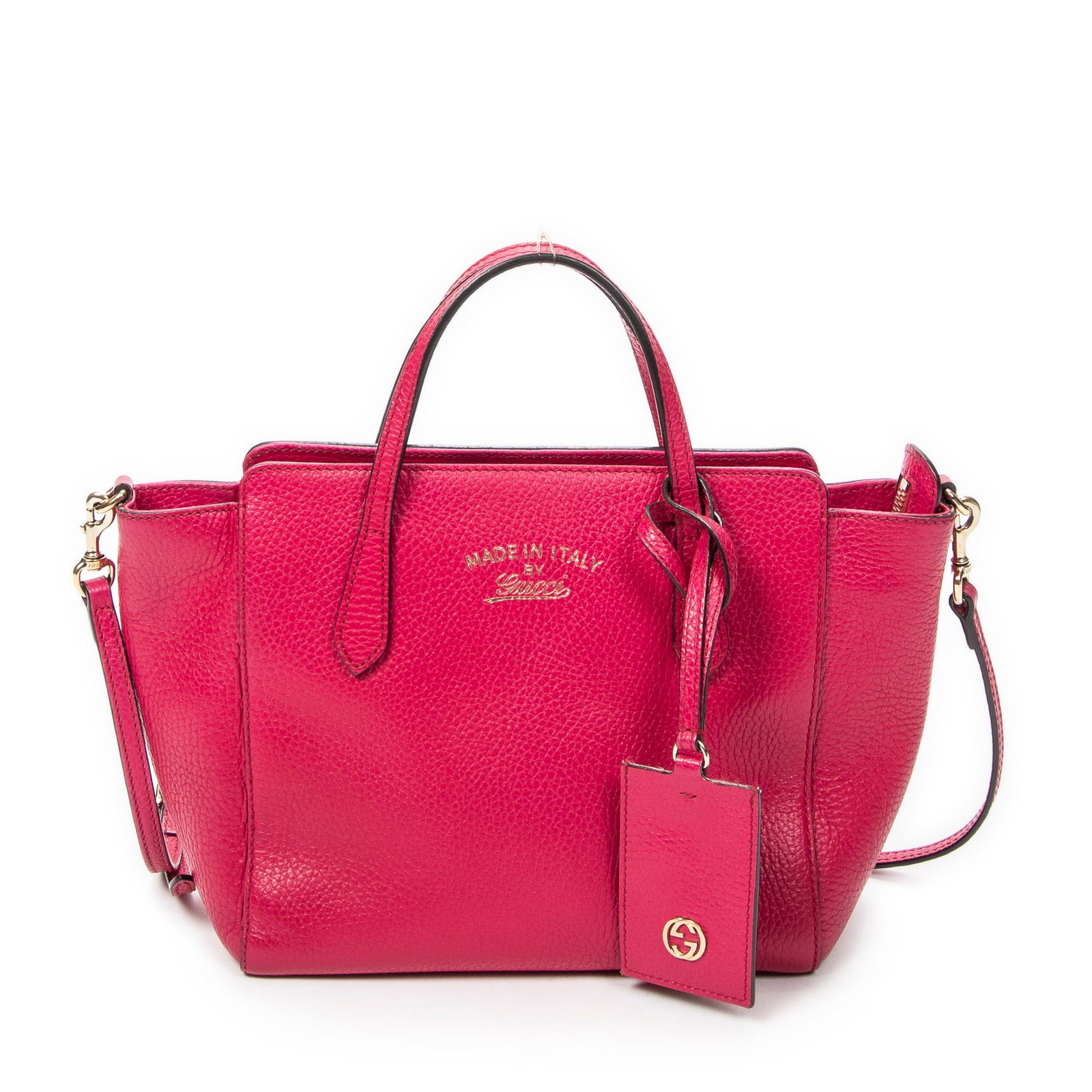 Gucci Mini Swing Tote in Fuchsia Pink Grained Calfskin: Genuine Pre-Owned Gucci Mini Swing Tote in Fuchsia Pink Grained Calfskin Leather made in Italy in A condition. Date Code is 368827-213048 Measurements: 21.5*19*11cm (Length * Height * Width). This lot