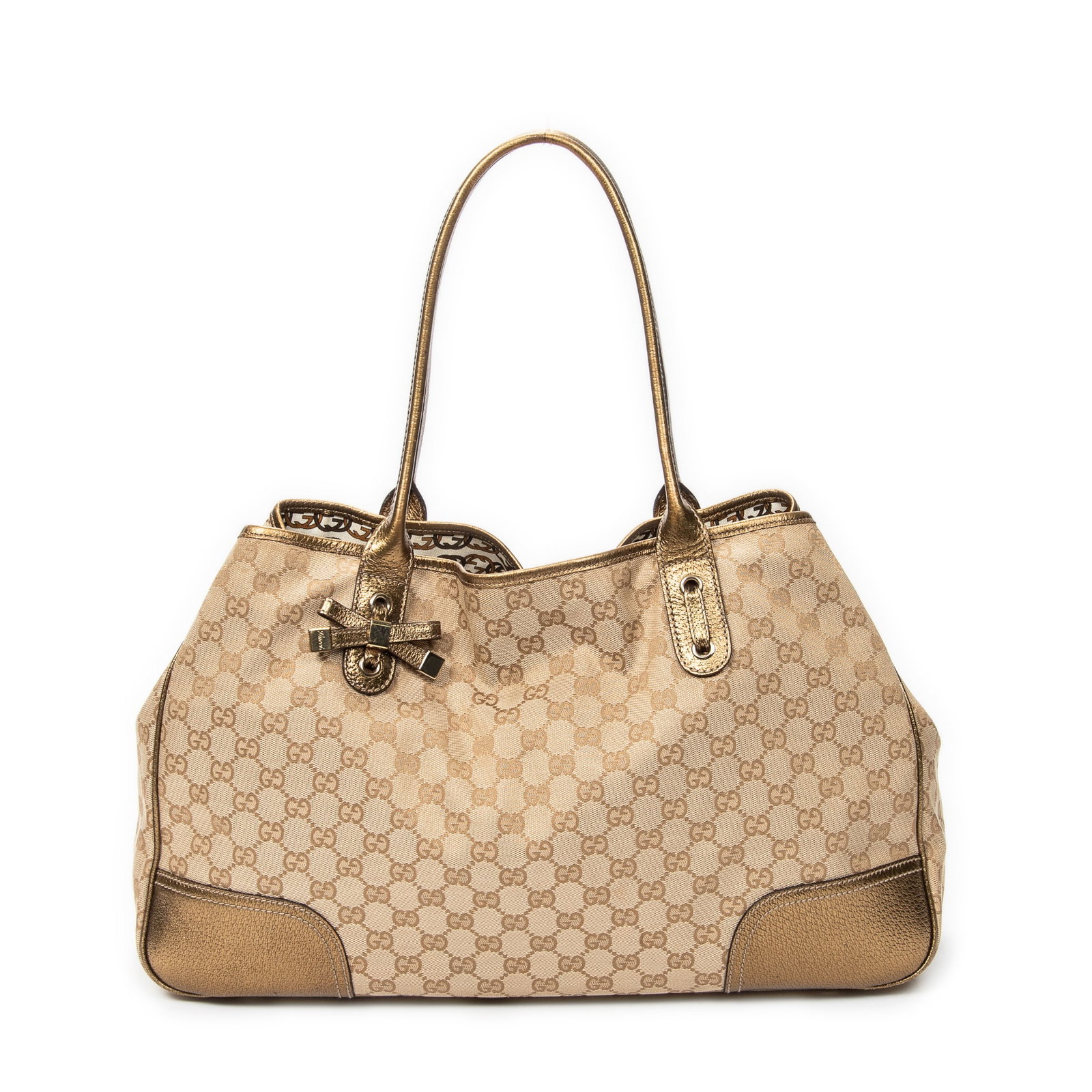 Gucci Large Web Princy Tote in Beige/Gold Monogrammed: Genuine Pre-Owned Gucci Large Web Princy Tote in Beige/Gold Monogrammed Canvas made in Italy in A condition. Date Code is 161719-204046 Measurements: 44.5*27*12cm (Length * Height * Width). This lot i