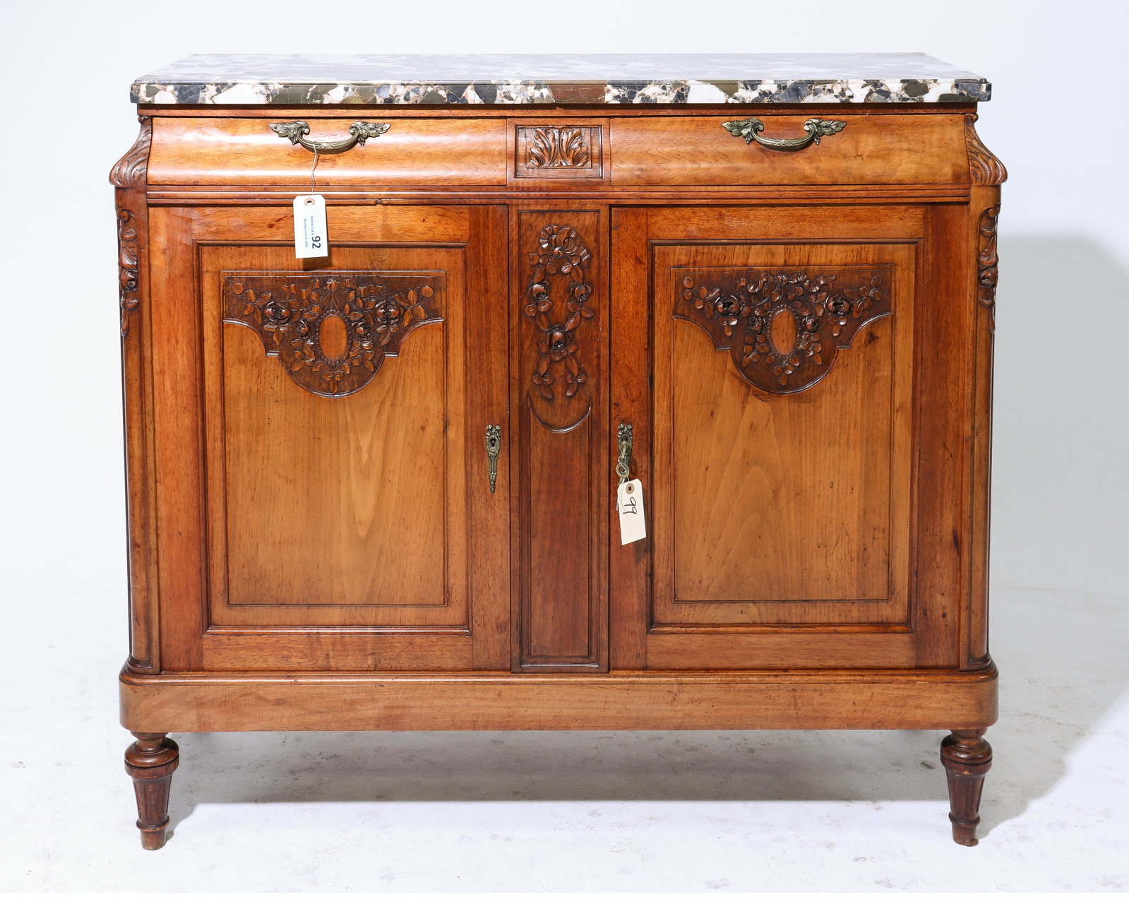 Louis XVI Style Marble Top Walnut Server: French Louis XVI Style Marble Top Carved Walnut Server / Buffet - 41.5 in tall x 45.5 x 17