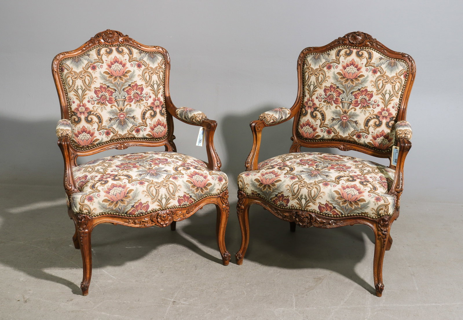 Louis XV Style Pair of Walnut Upholstered Arm Chairs (1 of 5)