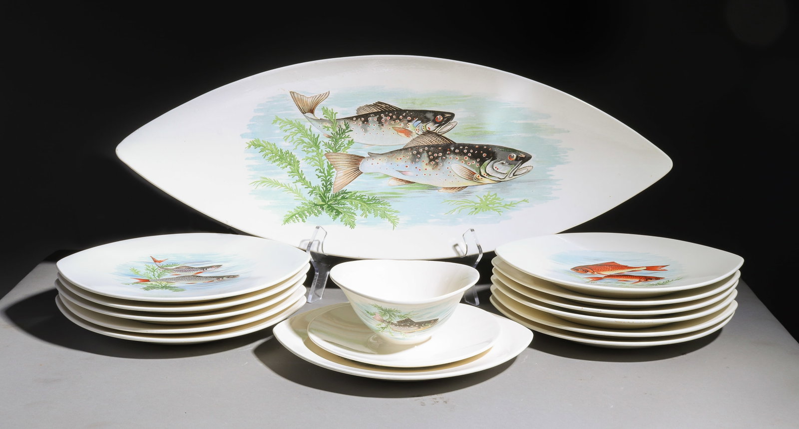 14pc French Fish Plate Set - Platter, Plates, Etc.: 14pc French Fish Plate Set - Platter, 12 Plates & Sauce Boat - Platter is 2 in tall x 25 x 9.5, Plates are 1 in tall x 10 x 9 each, Sauce boat is 4 in tall x 8 x 7