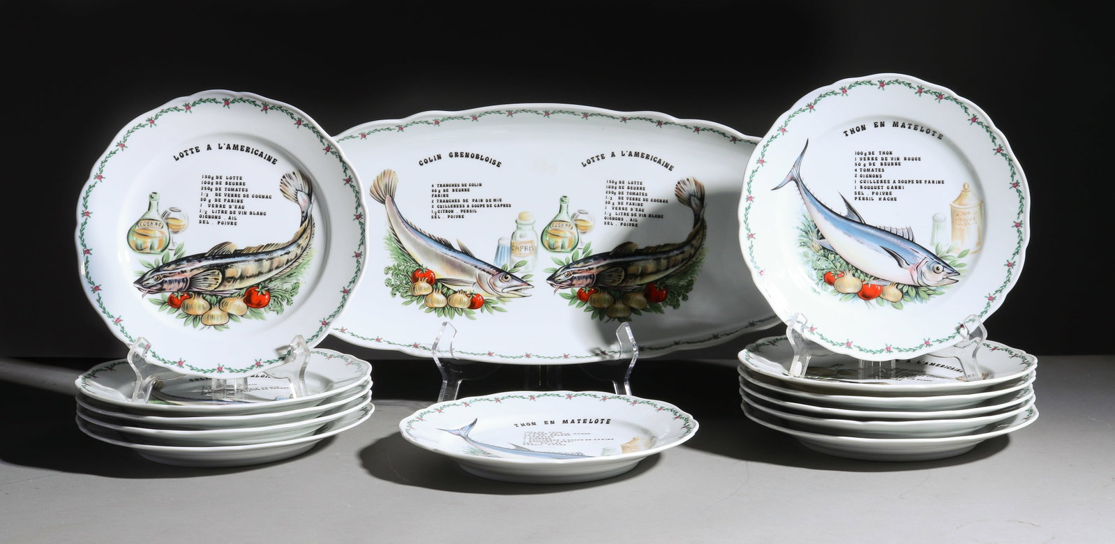 13pc French Fish Plate Set - Platter & 12 Plates: 13pc French Fish Plate Set - Platter & 12 Plates - Platter is 1 in tall x 23.5 x 9.75, Plates are 2 in tall x 10 inch diameter each