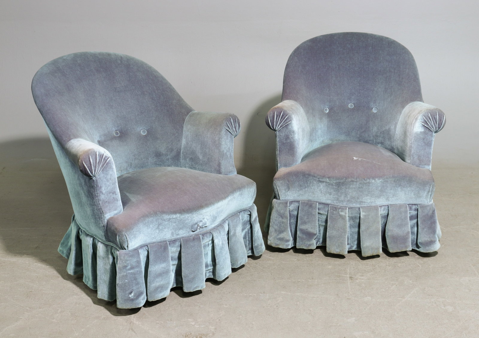 Napoleon III Style Pair of Blue Upholstered Arm Chairs: French Napoleon III Style Pair of Blue Upholstered Beech Wood Arm Chairs - 30 in tall x 28 x 19 each with a seat height of 15 inches
