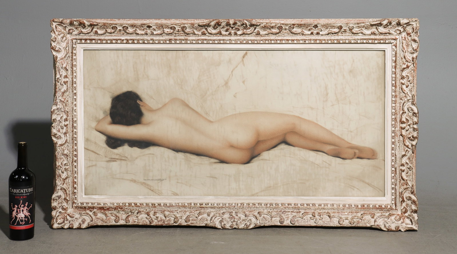 French Painted Framed Nude Woman Art: French Painted Framed Nude Woman Art - 27.25 in tall x 46.75 x 2.25