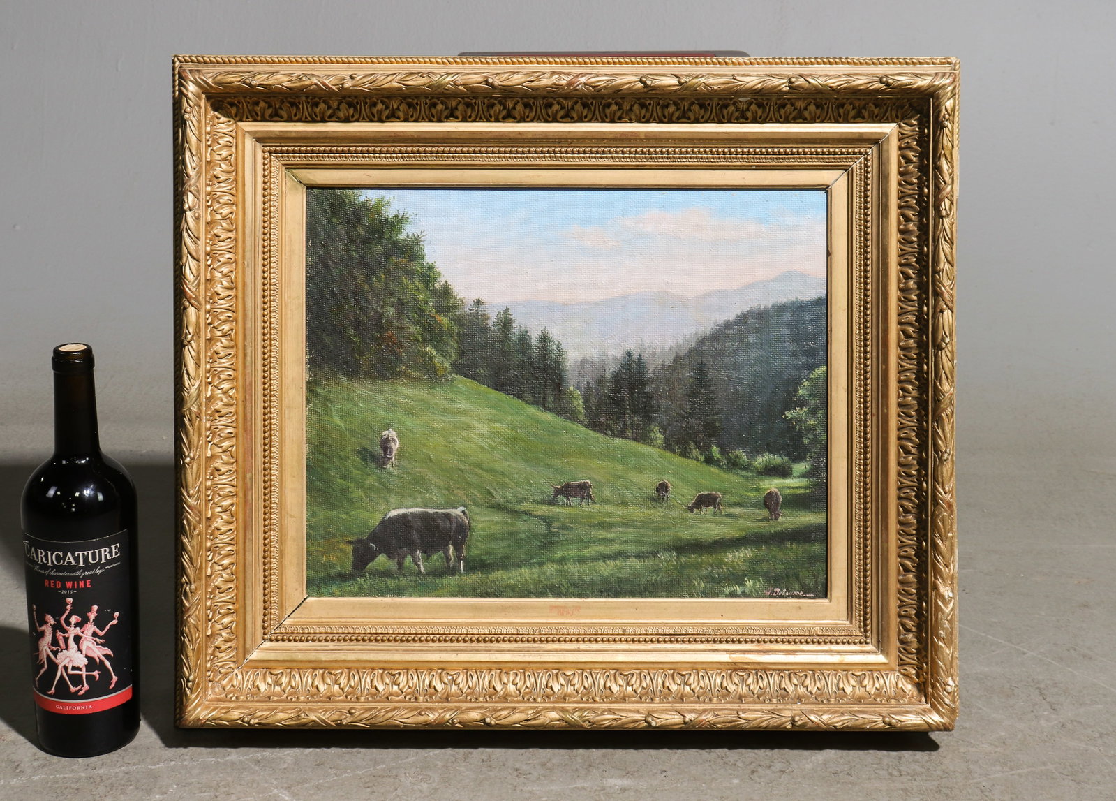 Gold Framed Oil on Board Landscape with Cows: Gold Framed Oil on Board Landscape with Cows - 20 in tall x 23.25 x 2.75