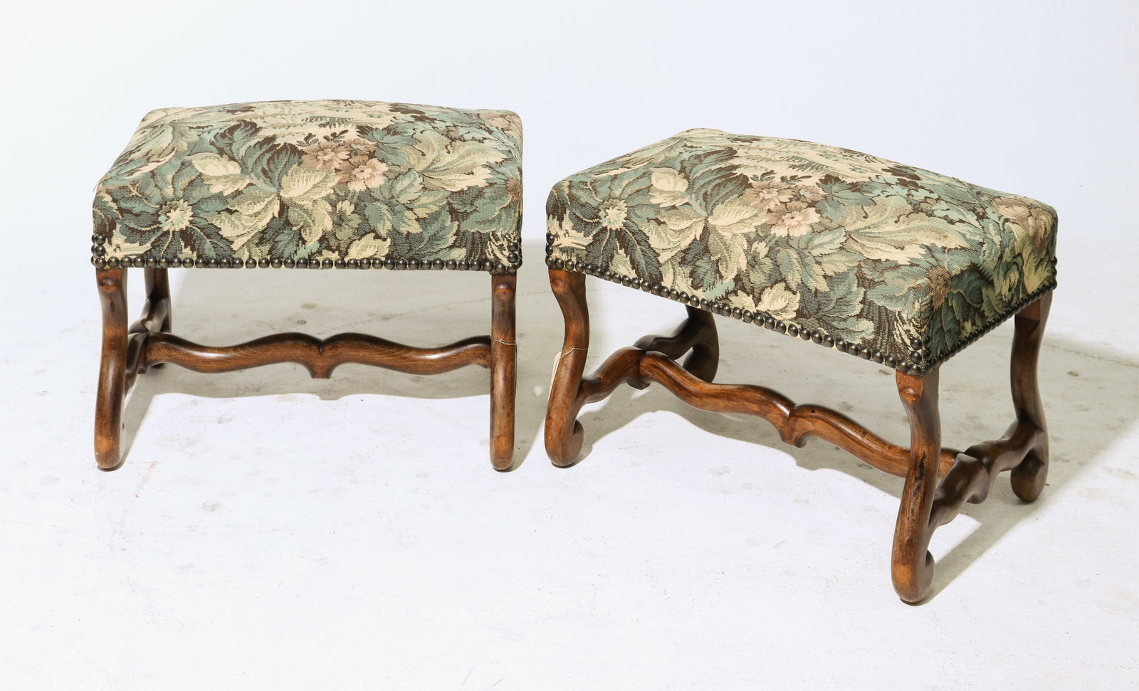 French Mouton Style Pair of Upholstered Stools: French Mouton Style Pair of Upholstered Stools - 16.5 in tall x 25 x 17 each
