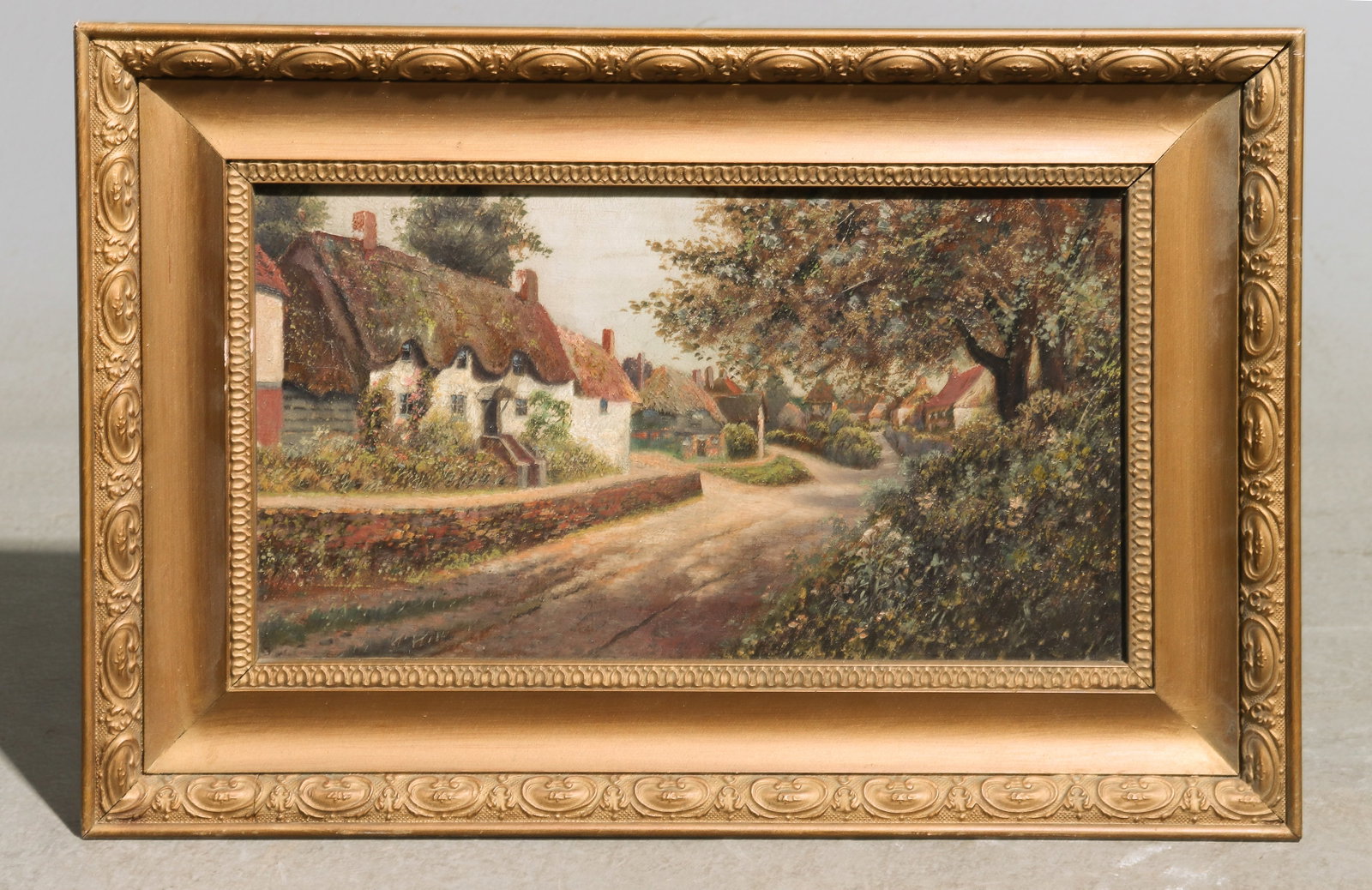 Gold Framed Oil on Canvas Town Landscape: Gold Framed Oil on Canvas Town Landscape - 13 in tall x 19 x 2