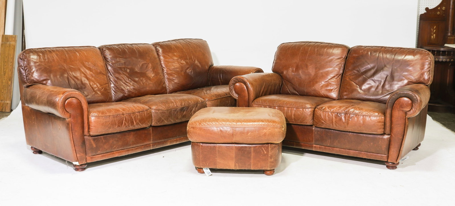 Danish Brown Leather Sofa, Loveseat & Ottoman (1 of 6)
