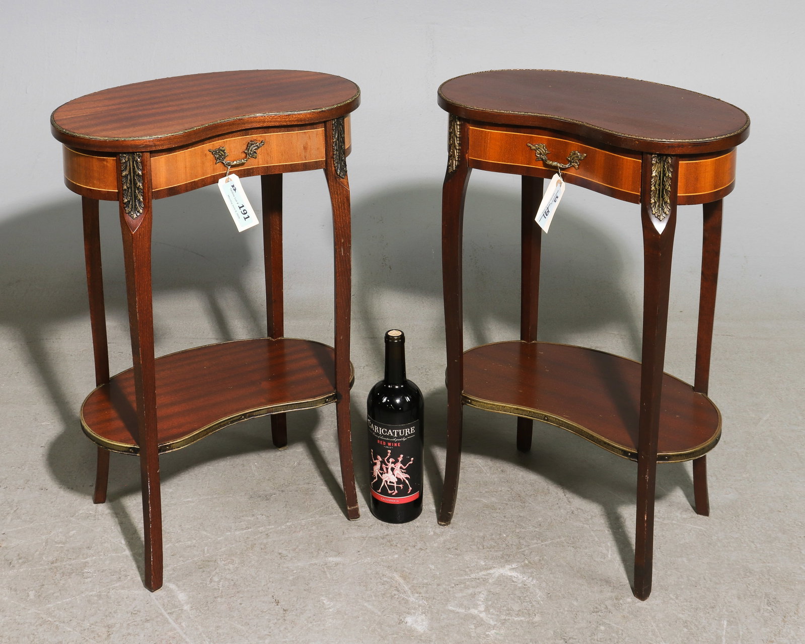 French Pair of Kidney Shaped Side Tables: French Pair of Kidney Shaped Single Drawer Side Tables / Nightstands - 27 in tall x 17 x 11.5 each