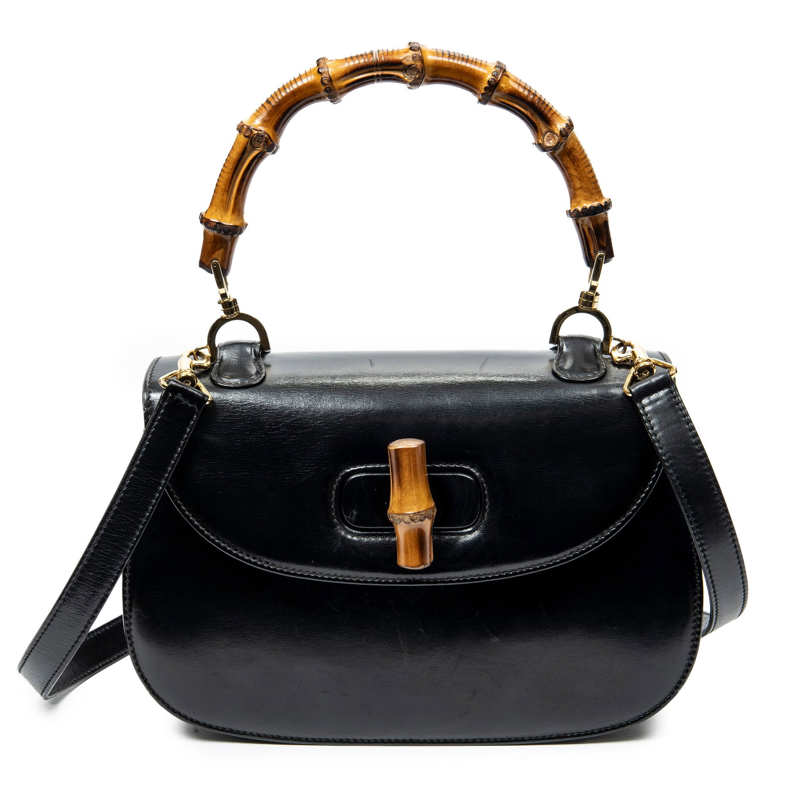 Gucci Medium Bamboo Top Handle Flapin Black Calfskin: Genuine Pre-Owned Gucci Medium Bamboo Top Handle Flap in Black Smooth Calfskin Leather made in Italy in AB condition. Date Code is 000-2046-0633 Measurements: 27*17*8cm (Length * Height * Width). This