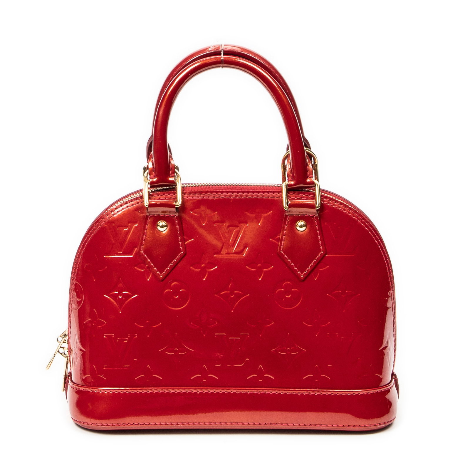 Louis Vuitton Alma BB in Pomme D'Amour Monogram Vernis: Genuine Pre-Owned Louis Vuitton Alma BB in Pomme D'Amour Monogram Vernis made in France in A condition. Date Code is MI2122 (22nd Week of 2012) Measurements: 23.5*17.5*11.5cm (Length * Height * Width)