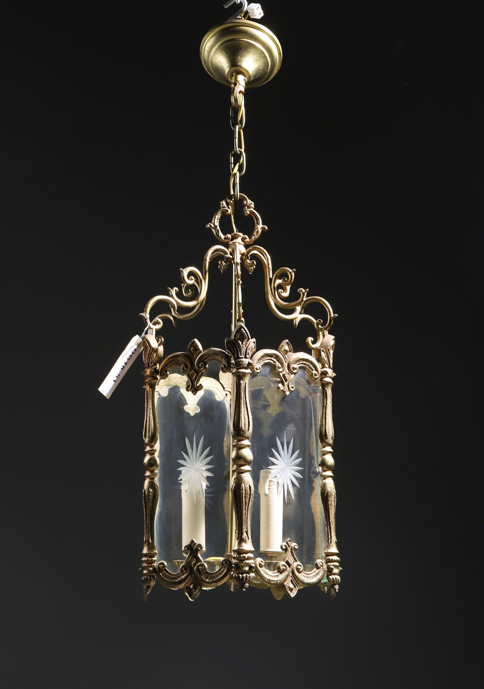 Louis XV Style Gilded Metal & Glass Chandelier: French Louis XV Style Gilded Metal & Etched Glass Pendant Chandelier - 20 in tall x 11 x 11