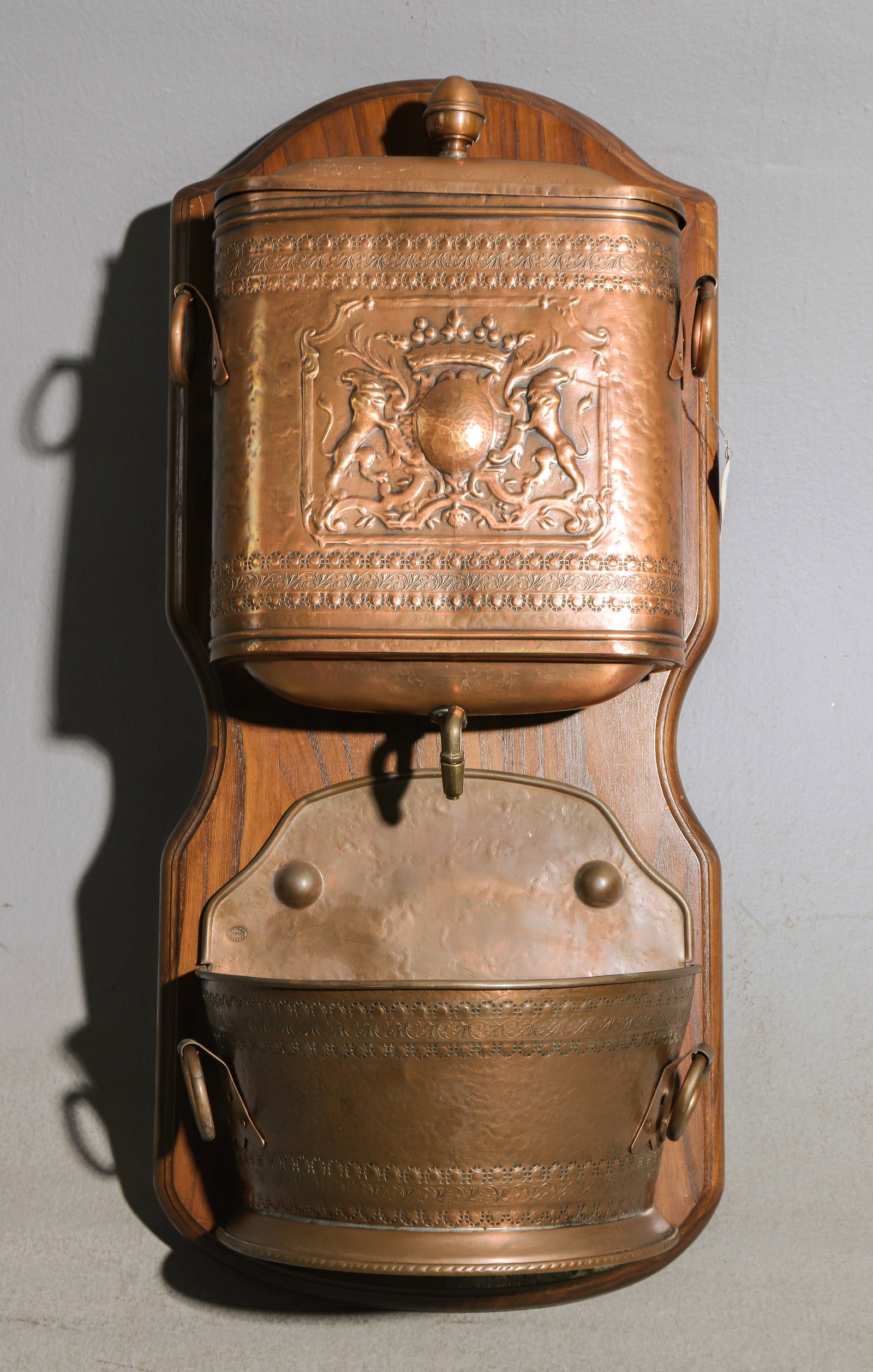 French Copper Lavabo / Water Font: French Copper Lavabo / Water Font on Beech Wood Board - 33 in tall x 15 x 8