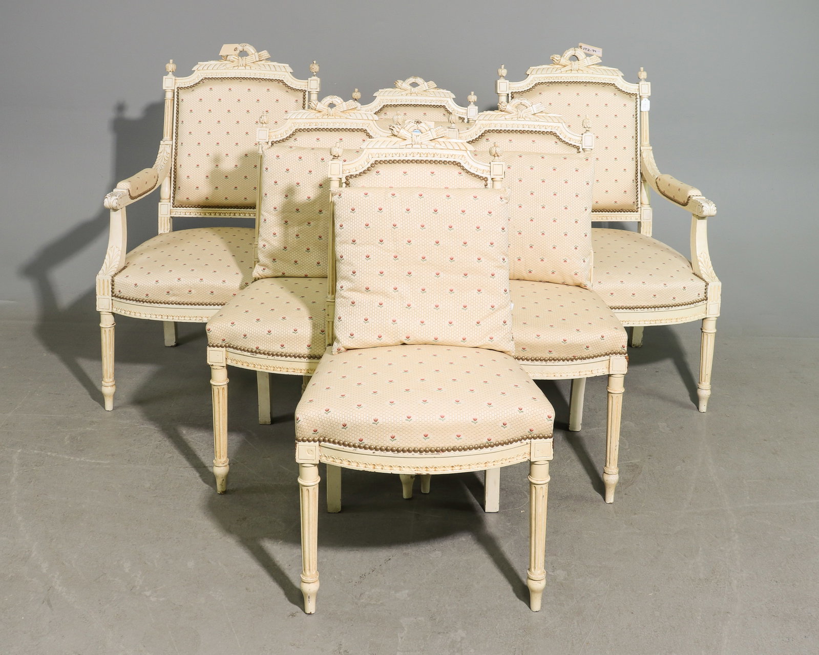 Louis XVI Style Set of 6 Painted Dining Chairs: French Louis XVI Style Set of 6 Painted Dining Chairs - Arm chairs are 40 in tall x 24 x 25 each with a seat height of 17 inches, Side chairs are 36 in tall x 19 x 15.5 each with a seat height of