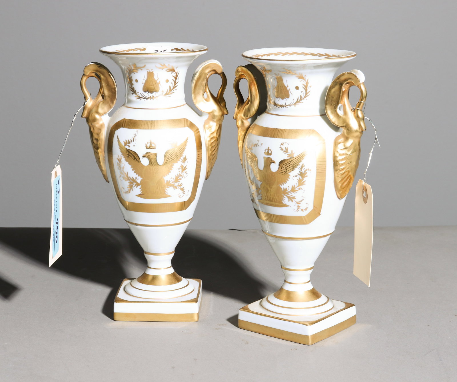 French Pair of Small Limoges Vases: French Pair of Small Limoges Vases with Gold Accents - Vincennes - 9 in tall x 5 x 3.5 each