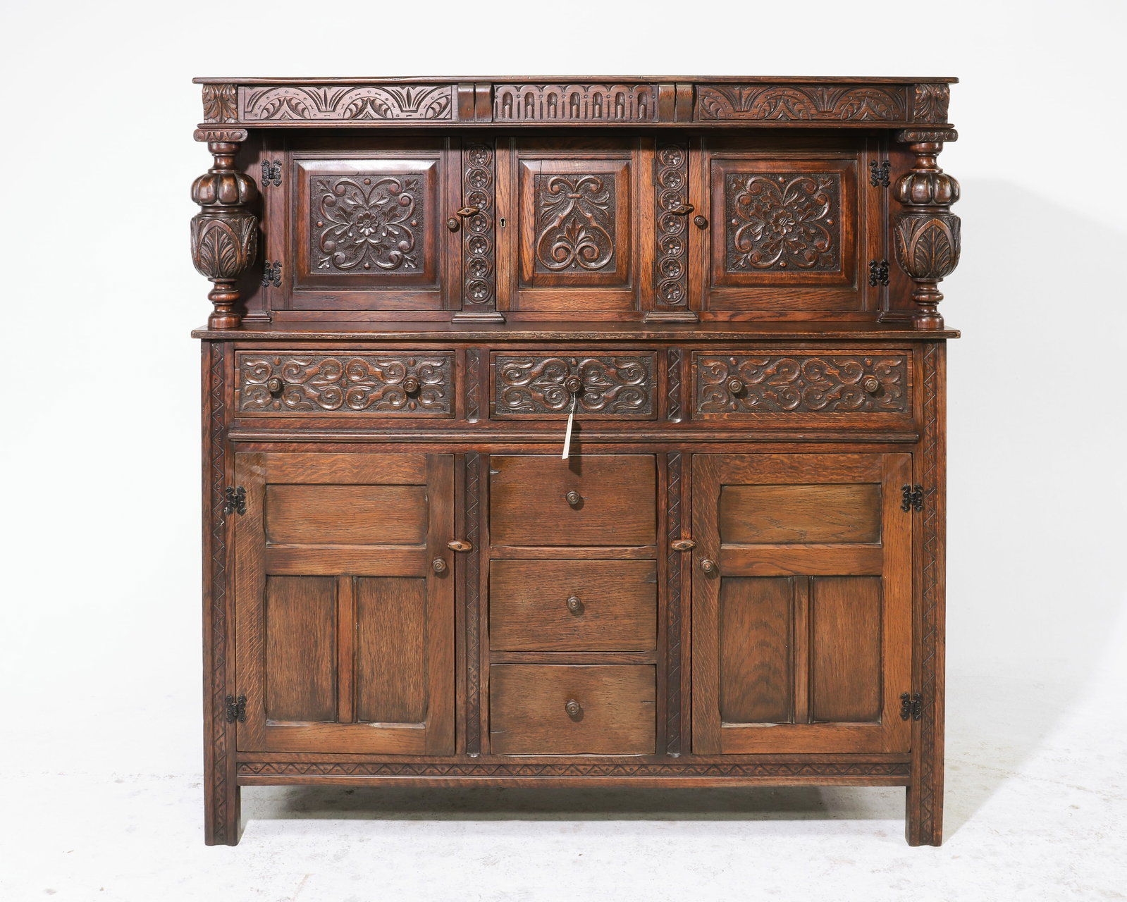 Tudor Style Carved Oak Court Cupboard: British Tudor Style Carved Oak Court Cupboard c.1930's-40's - 56 in tall x 55.5 x 19