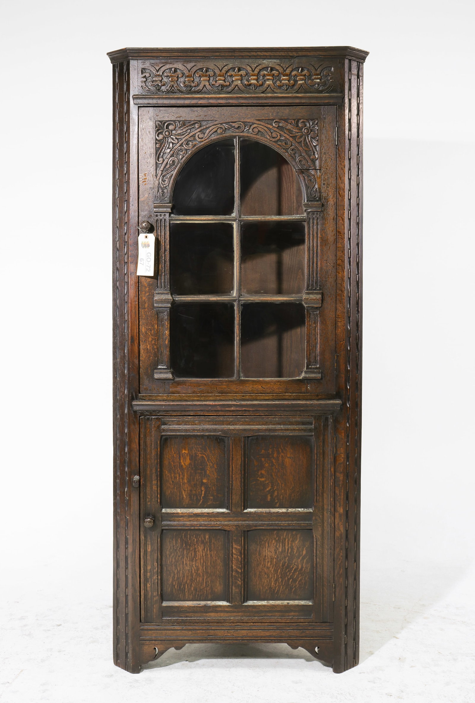 British Carved Oak Corner Cabinet: British Carved Oak Corner Cabinet / Cupboard c.1930's-40's - 72 in tall x 30 x 17.5