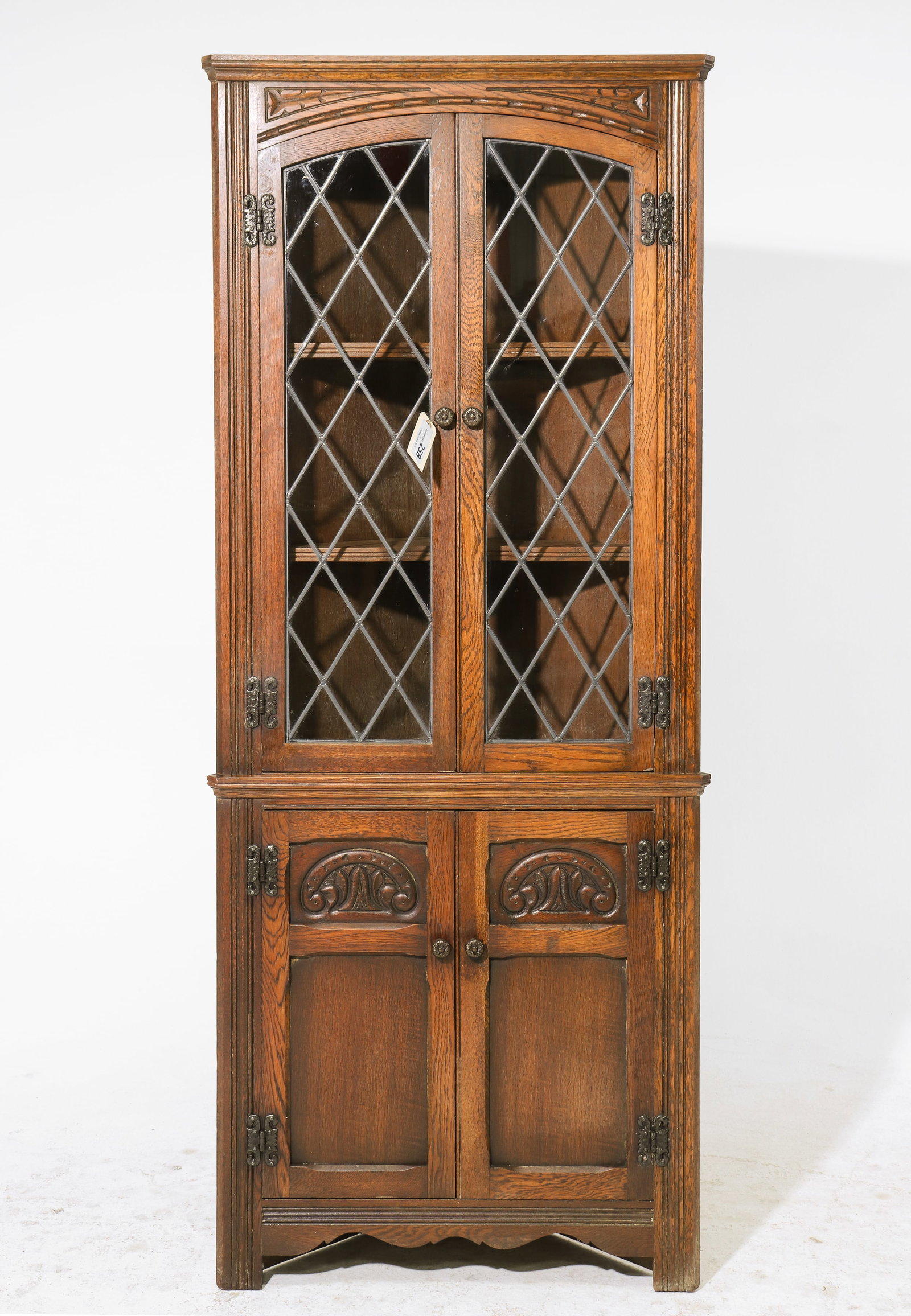 British Oak Leaded Glass Corner Cabinet: British Oak Leaded Glass Corner Cabinet / Cupboard c.1930's-40's - 65.75 in tall x 27 x 14