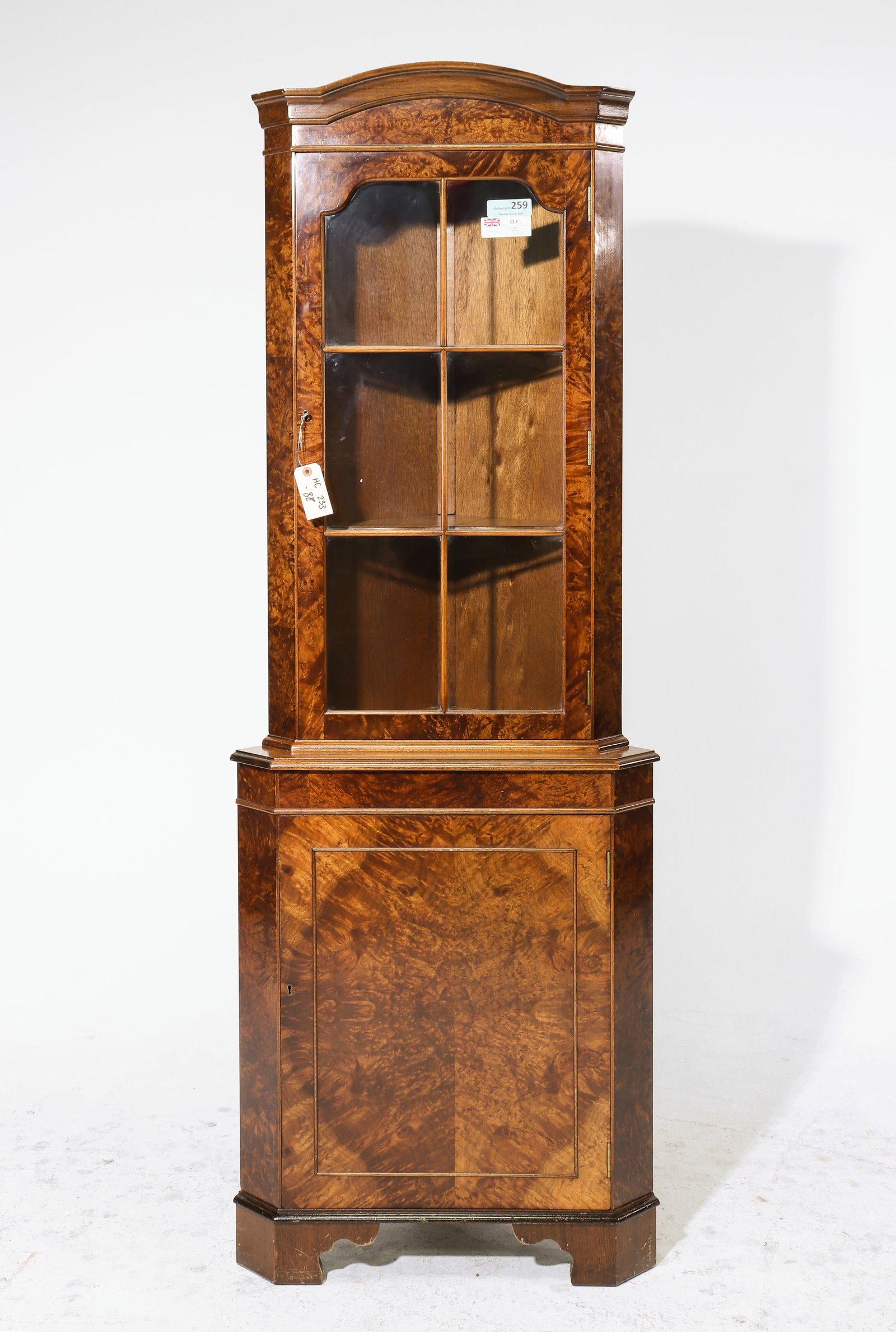 British Burled Walnut Corner Cabinet: British Burled Walnut Corner Cabinet / Cupboard c.1950's-60's - 72.25 in tall x 23 x 14
