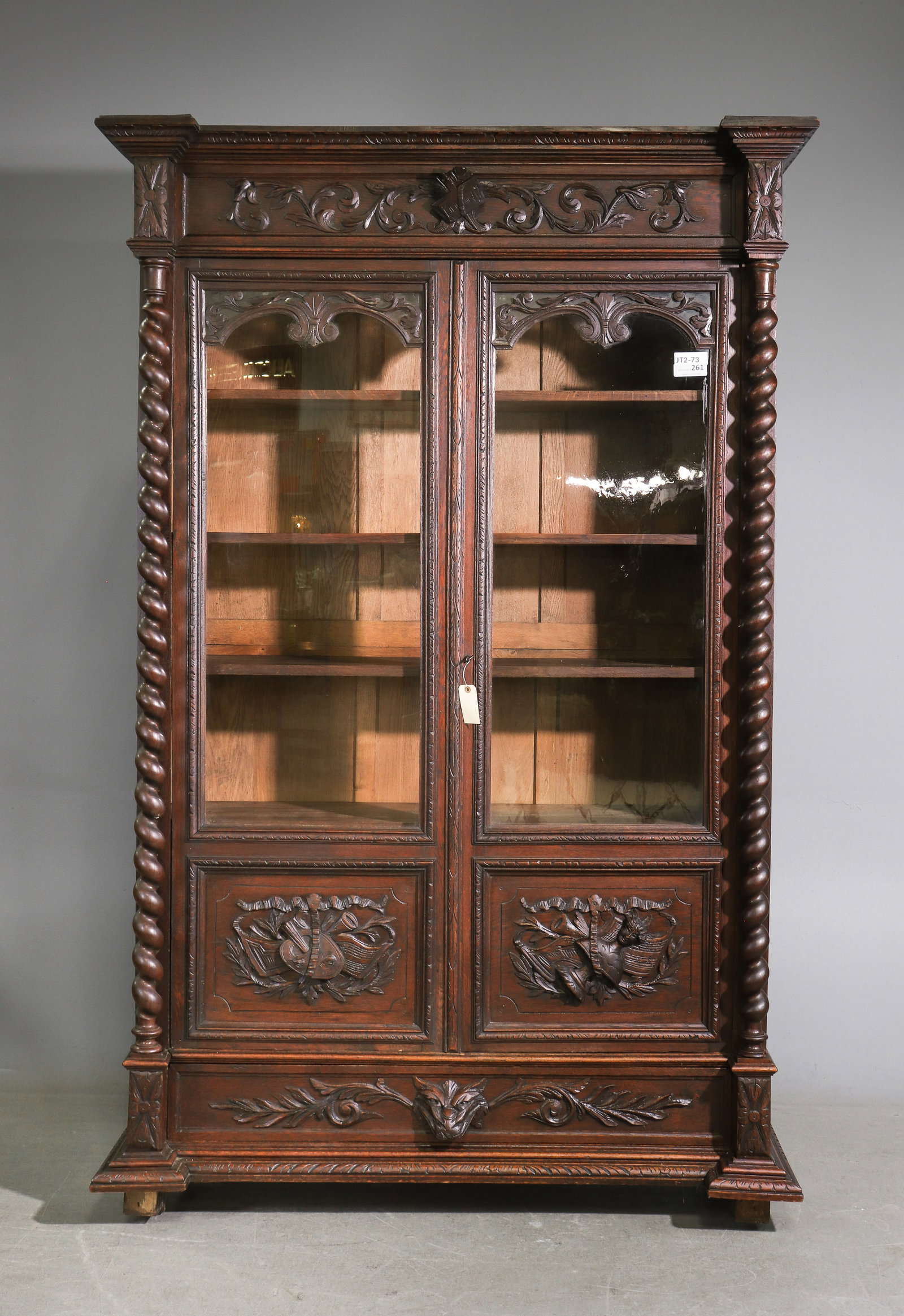 Louis XIII Style Carved Oak French Twist Bookcase (1 of 10)