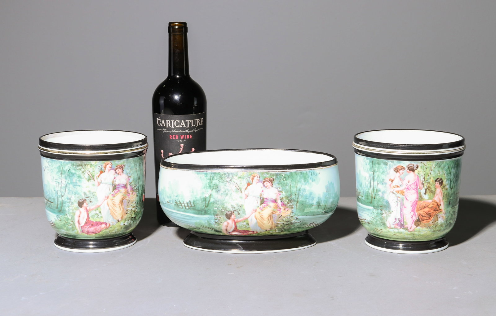 3pc French Porcelain Vase / Jardiniere Set: 3pc French Porcelain Vase / Jardiniere Set - Two are 6 in tall x 6 inch diameter and the middle one is 5 in tall x 10 x 6