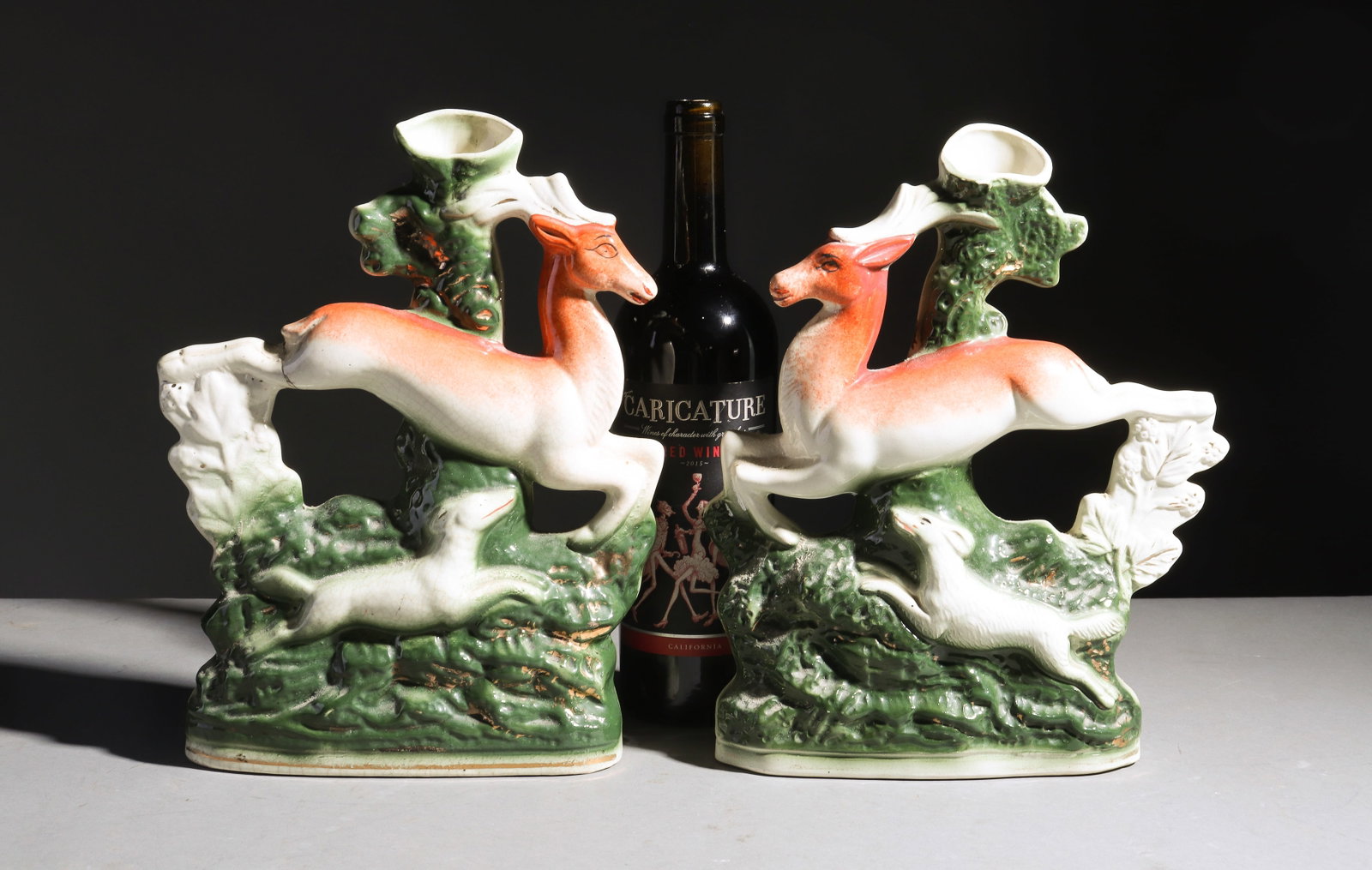 Staffordshire Pair of Leaping Deer Spill Vases: Staffordshire Pair of Leaping Deer Spill Vases - 11.5 in tall x 9 x 3 each