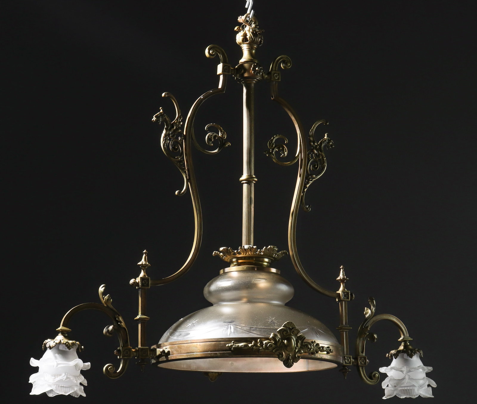 French Heavy Brass & Glass Chandelier: French Heavy Brass & Glass Chandelier - 28.5 in tall x 33 x 16