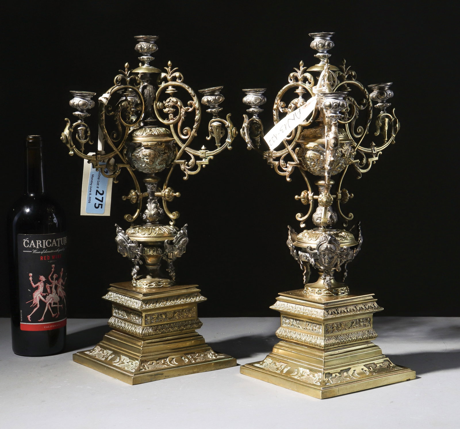 Danish Pair of Brass Finished Candelabras: Danish Pair of Brass Finished Candelabras - 17 in tall x 8 x 8 each