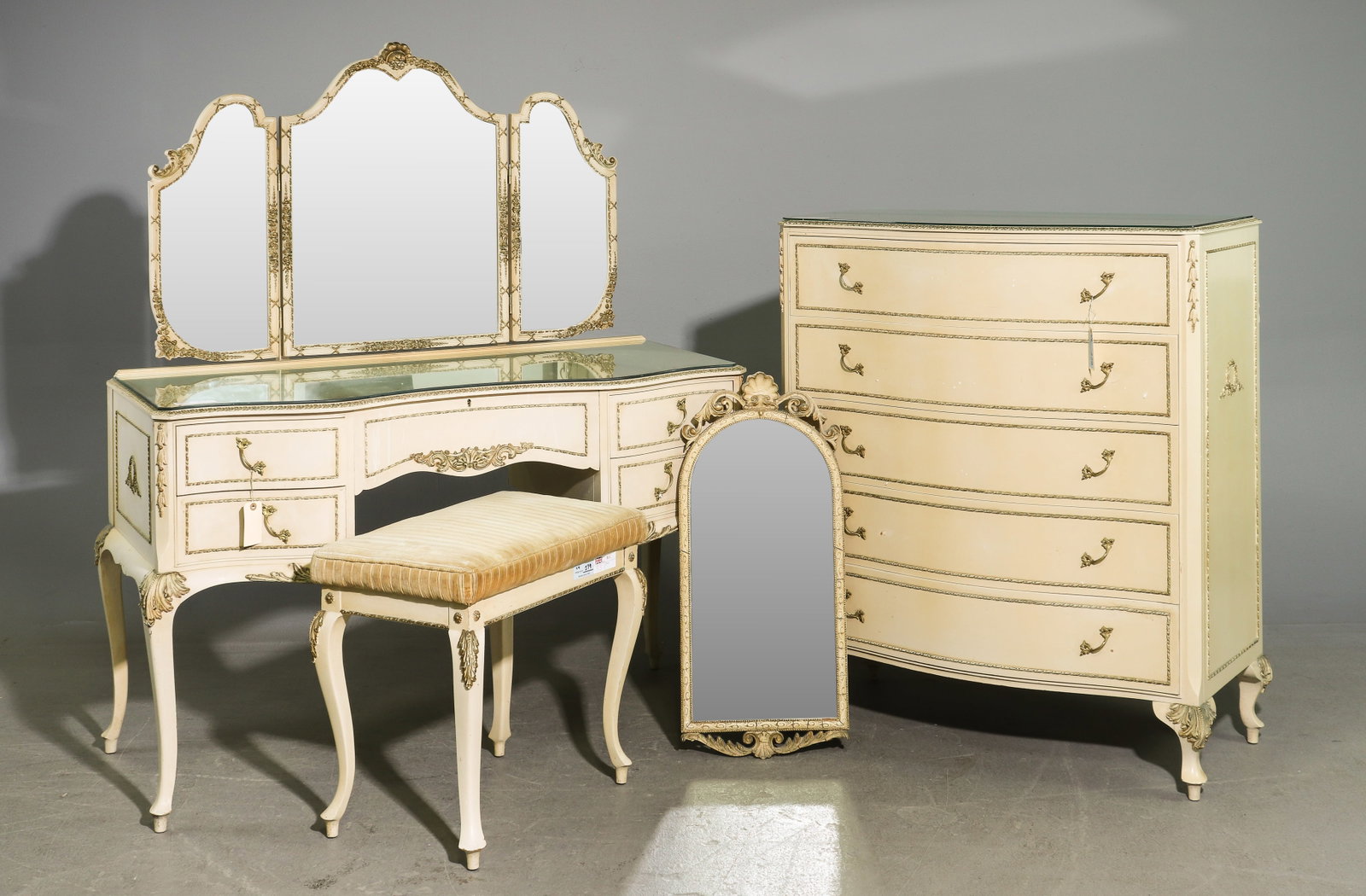 British Painted Dresser with Stool, Chest & Mirror: British Painted Dresser with Stool, Chest & Mirror - Dresser is 57.5 in tall x 50 x 23, Kneehole is 23 x 19.5, Stool is 21 in tall x 23 x 15, Chest is 42.5 in tall x 36 x 19, Mirror is 30 in tall x