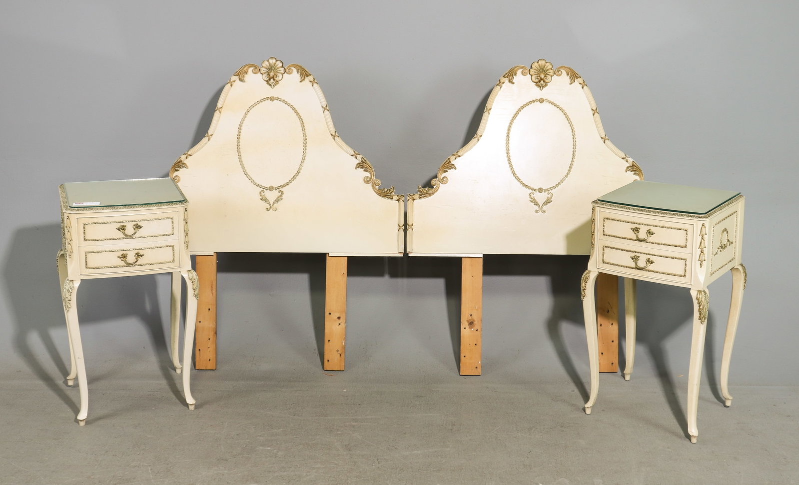 British Painted Bed with Rails & 2 Nightstands: British Painted Bed with Rails & 2 Nightstands - Headboard & Footboard are 42.75 in tall x 36 x 2 each, Nightstands are 27.5 in tall x 16 x 13.5 each - This bed is a European size which can usually