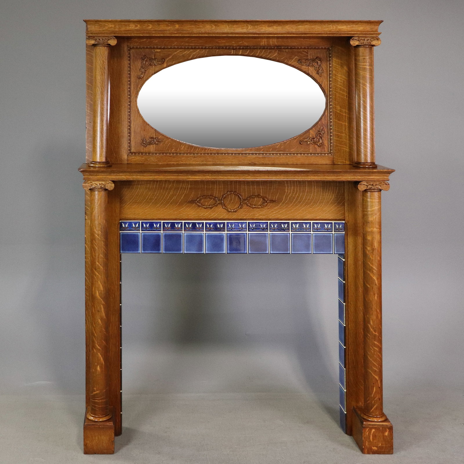 Antique Tiger Oak Mirrored Mantle with Blue Tile (1 of 6)