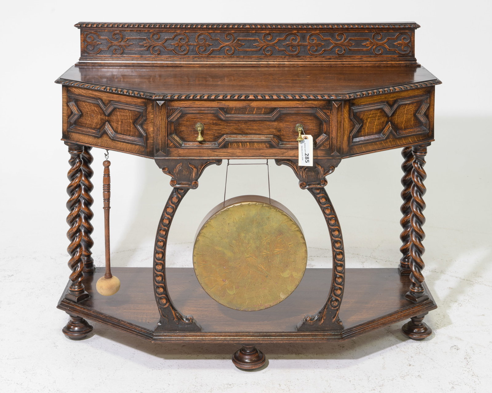 Jacobean Carved Oak Barley Twist Hall Table with Gong (1 of 5)