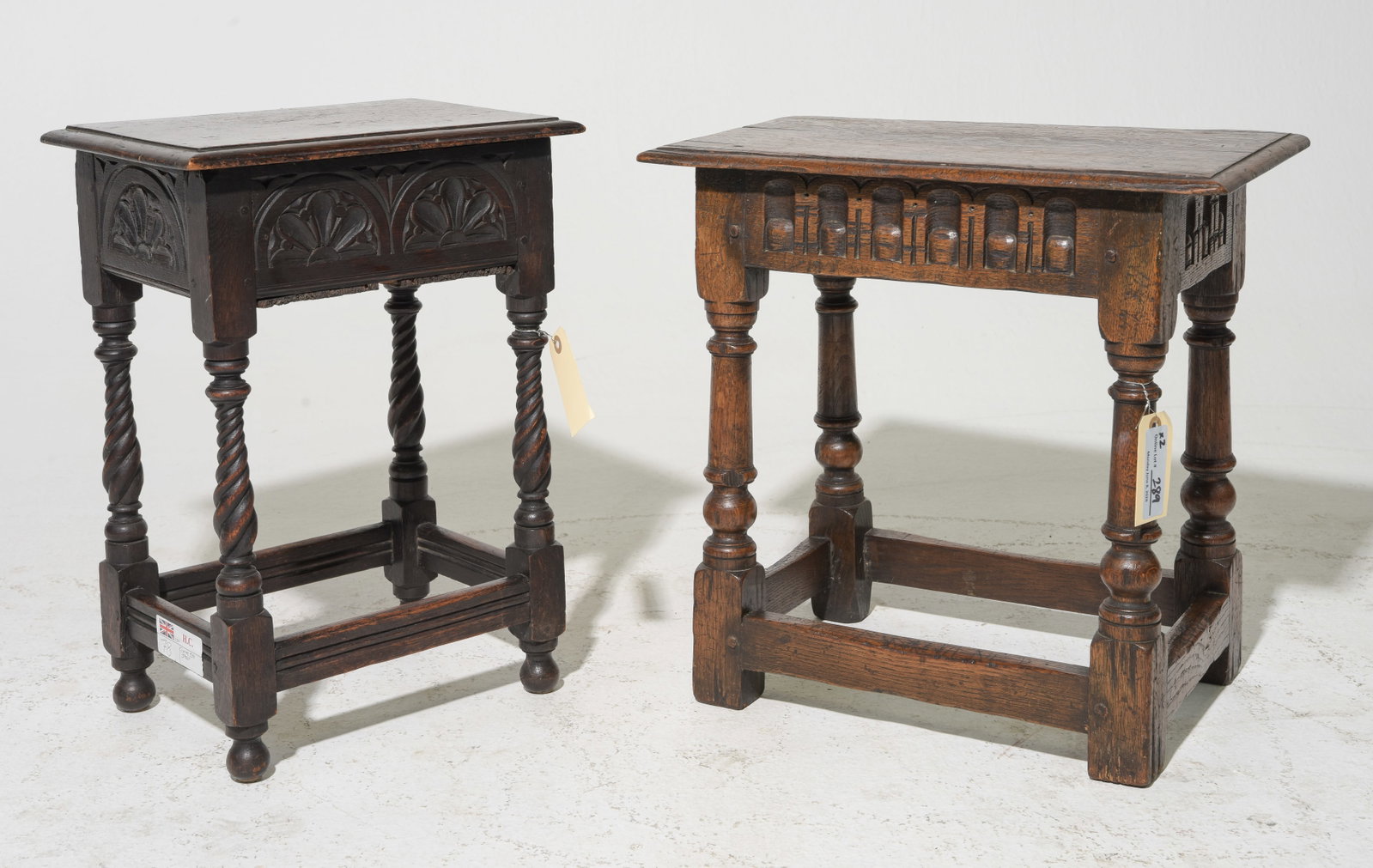 Two British Oak Joint Stools c.1920's-30's: Two British Oak Joint Stools c.1920's-30's - One has a lift top - 18 in tall x 13.5 x 10.5 and 18 in tall x 18.5 x 11