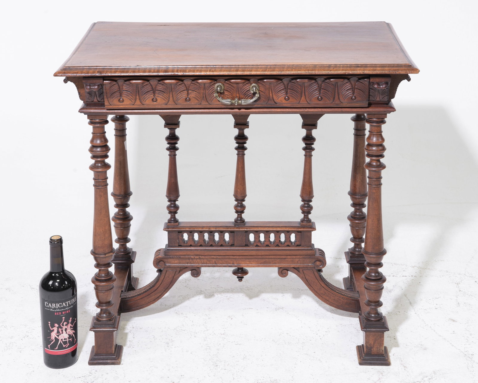 Henri II Style Carved Walnut Hall Table: French Henri II Style Carved Walnut Hall Table with Drawer - 28 in tall x 29.5 x 19.5