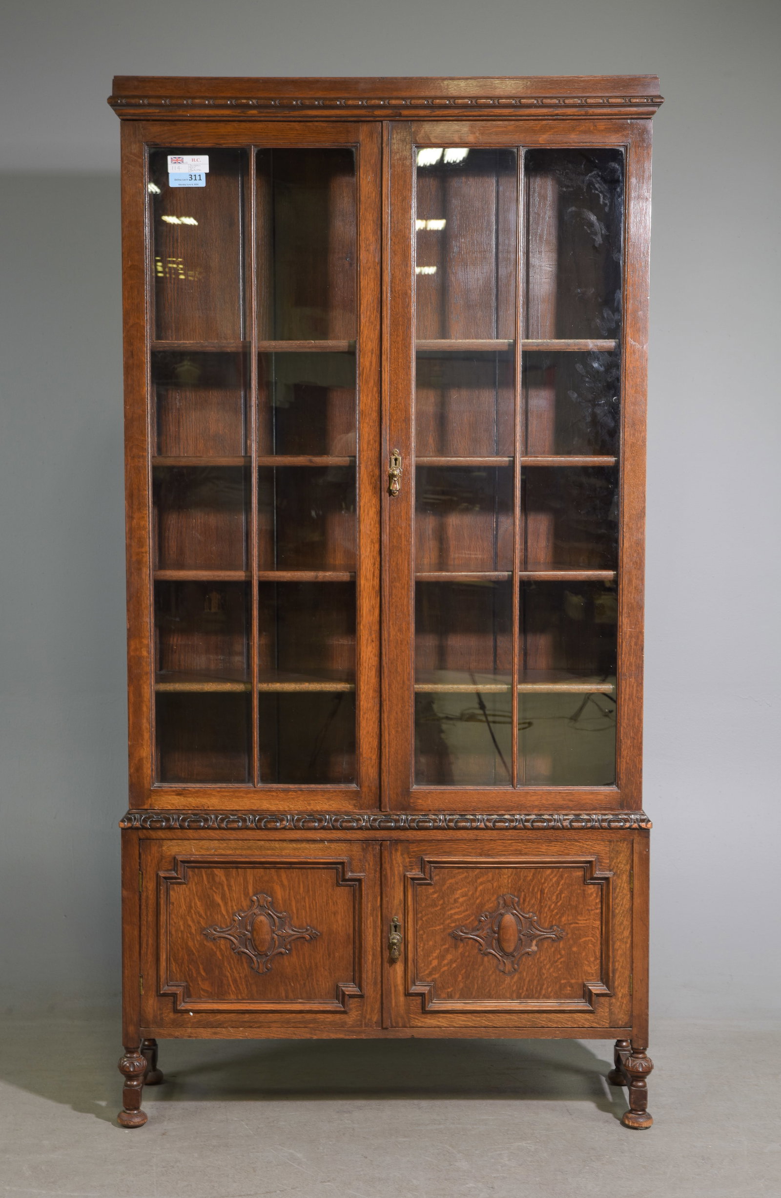 Jacobean Carved Oak Double Door Bookcase (1 of 3)