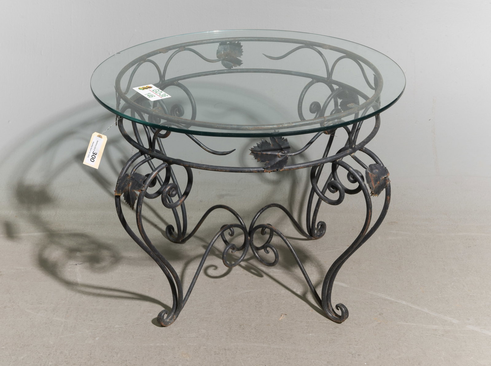 Painted Iron Base Glass Top Patio Table: Painted Iron Base Glass Top Patio Table - 23 in tall x 30 in diameter