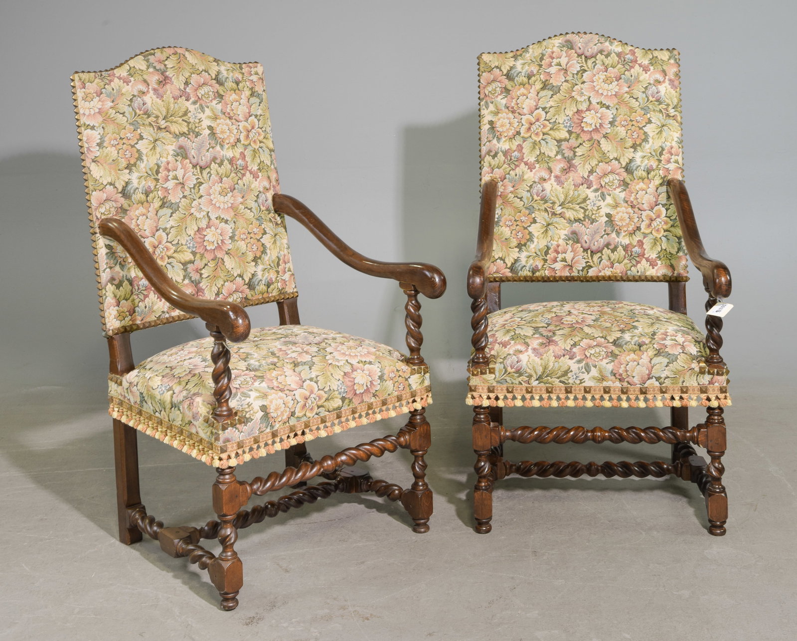 Louis XIII Style Pair of French Twist Arm Chairs: French Louis XIII Style Pair of French Twist Fireside Arm Chairs - 47 in tall x 24 x 29 each with a seat height of 19 inches