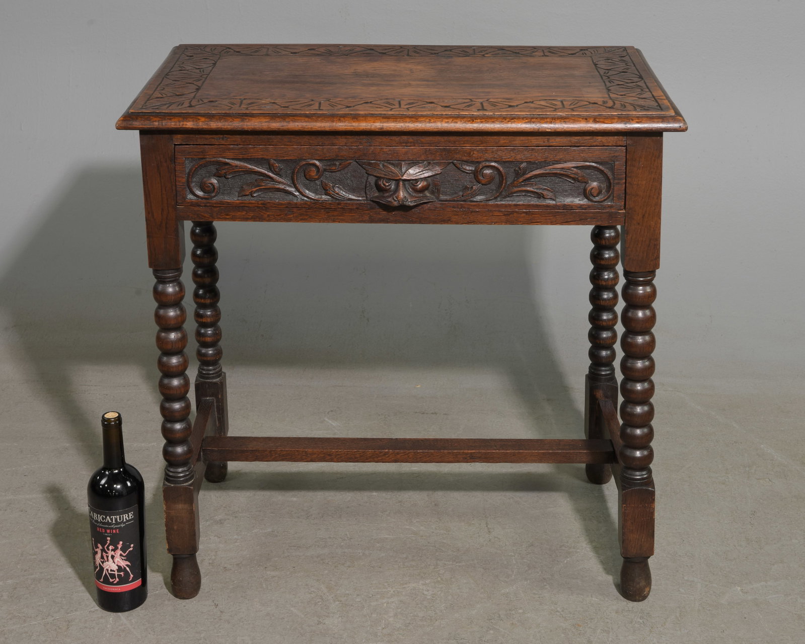 British Carved Oak Single Drawer Bobbin Table: British Carved Oak Single Drawer Bobbin Table c.1920's-30's - 28.5 in tall x 29.5 x 17.5