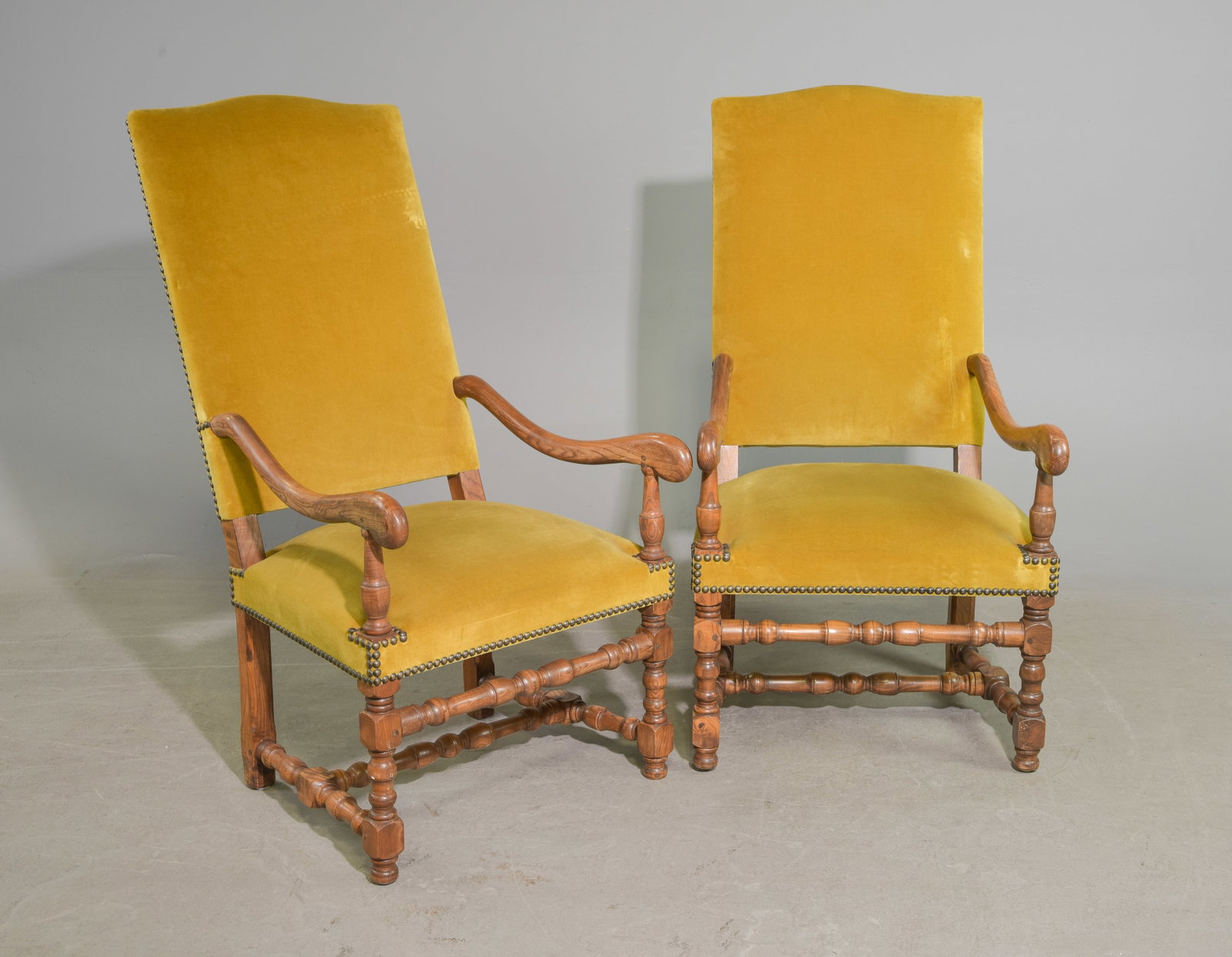 Louis XIV Style Pair of Fireside Arm Chairs: French Louis XIV Style Pair of Beech Wood High Back Fireside Arm Chairs - 47 in tall x 25 x 30 each with a seat height of 19 inches