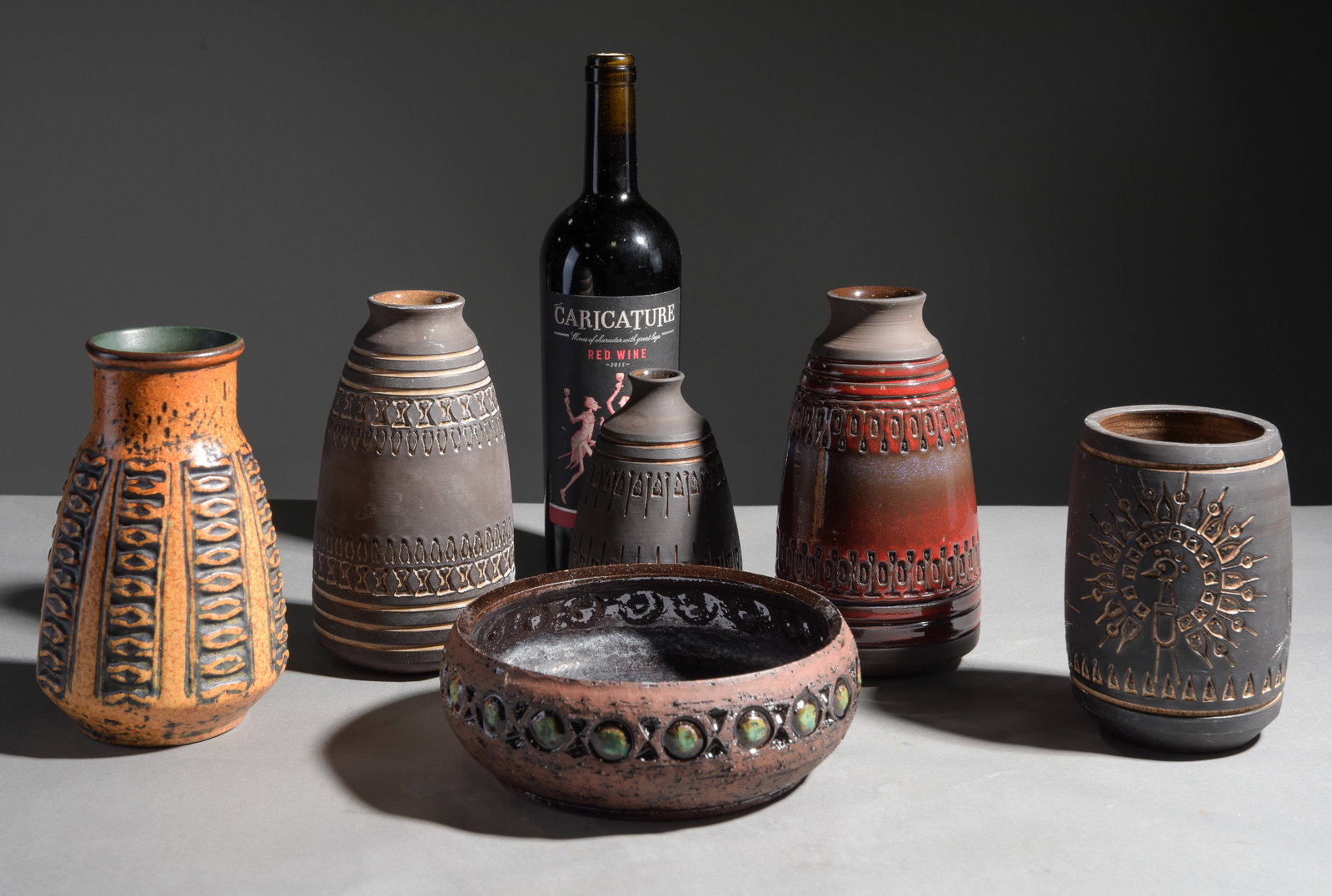 6pcs Assorted Scandinavian Pottery: 6pcs Assorted Scandinavian Pottery - 5 Small Vases & 1 Bowl - Tallest piece is 7.25 in tall x 3.5 inch diameter