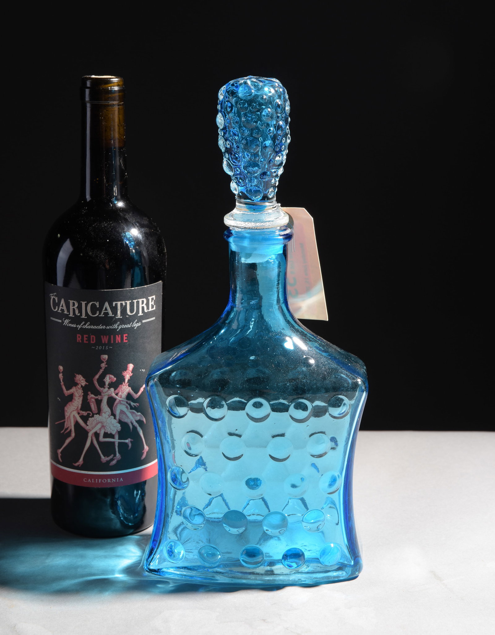 Empoli Italian Blue Hobnail Glass Decanter: Empoli Italian Blue Hobnail Glass Decanter / Bottle - 12 in tall x 5.5 x 3.5