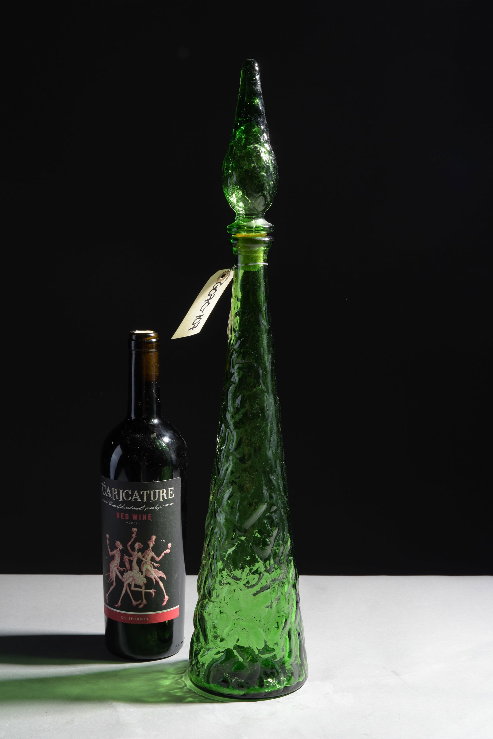 Empoli Italian Green Crinkle Textured Genie Bottle: Empoli Italian Green Glass Crinkle Textured Genie Bottle / Decanter - 21 in tall x 4.5 inch diameter