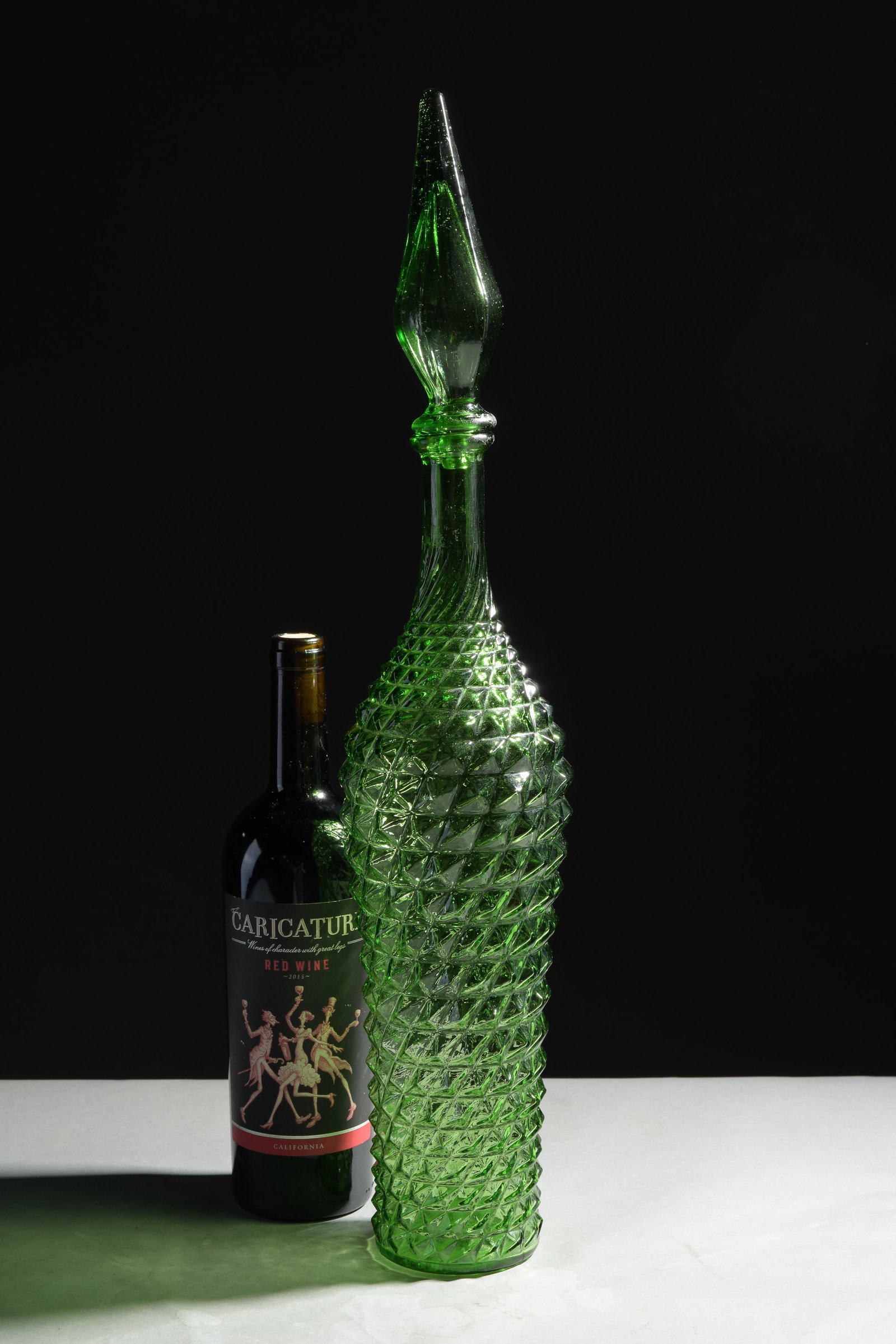 Empoli Italian Green "Diamond" Glass Genie Bottle: Empoli Italian Green "Diamond" Glass Genie Bottle / Decanter - 22.5 in tall x 4.5 inch diameter
