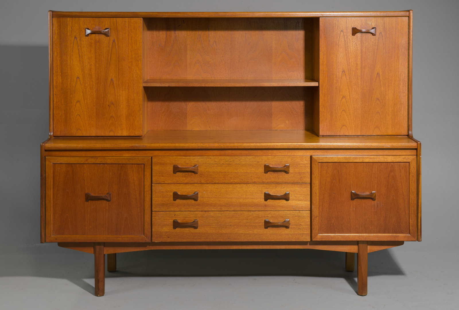 Mid Century Modern Cocktail Cabinet - Gplan: Danish Modern Style Hutch / High Board / Cocktail Cabinet by British Furniture Maker G-Plan with Bow Tie Pulls - 55 in tall x 71.5 x 17.5