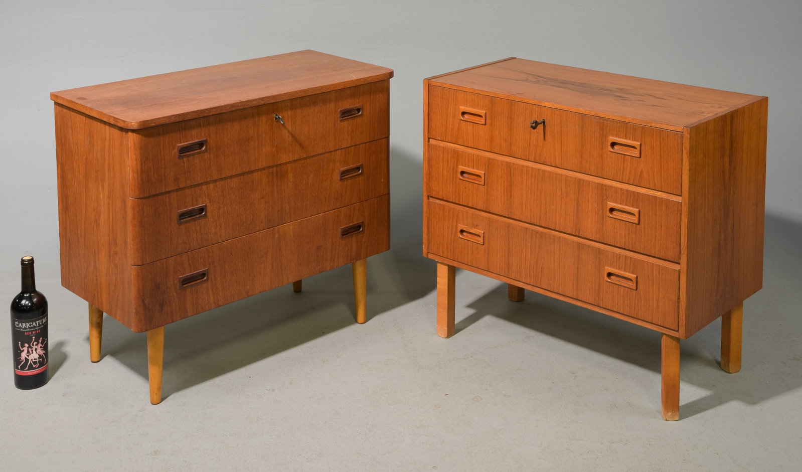 2 Swedish Mid Century Modern Chests / Bedsides: 2 Scandinavian Mid Century Modern Three Drawer Chests / Bedsides - 26.5 in tall x 30 x 15 and 25 in tall x 28 x 15