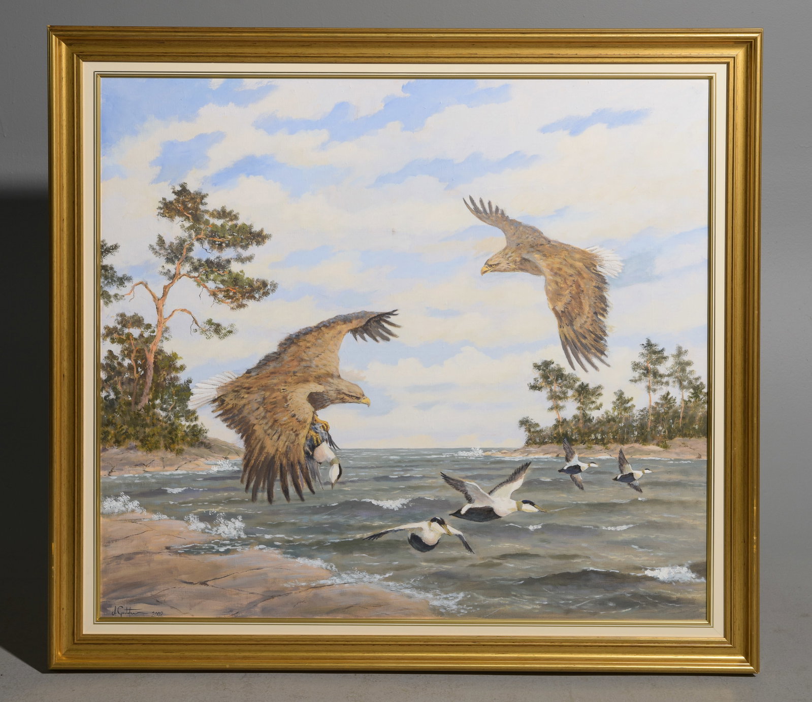 Gold Framed Large Oil on Canvas - Eagles Hunting (1 of 3)
