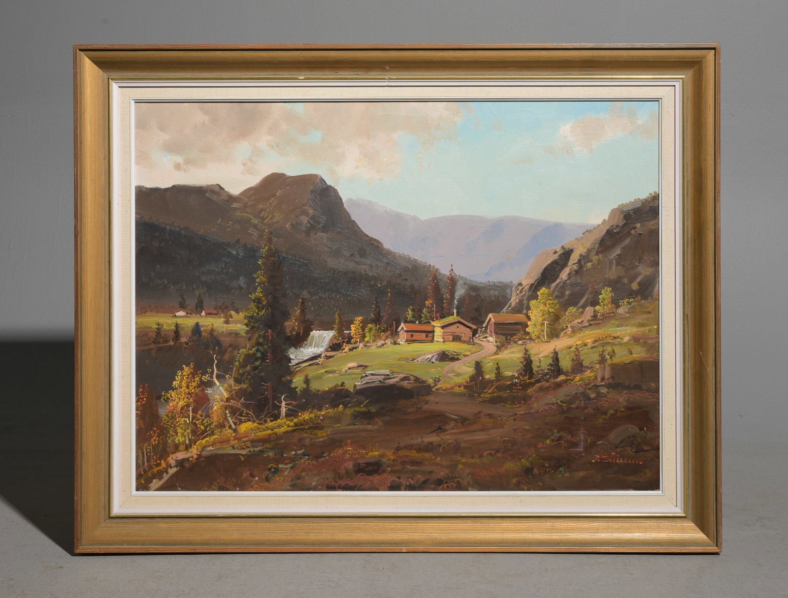 Gold Framed Oil on Canvas Mountain Homestead Landscape (1 of 3)