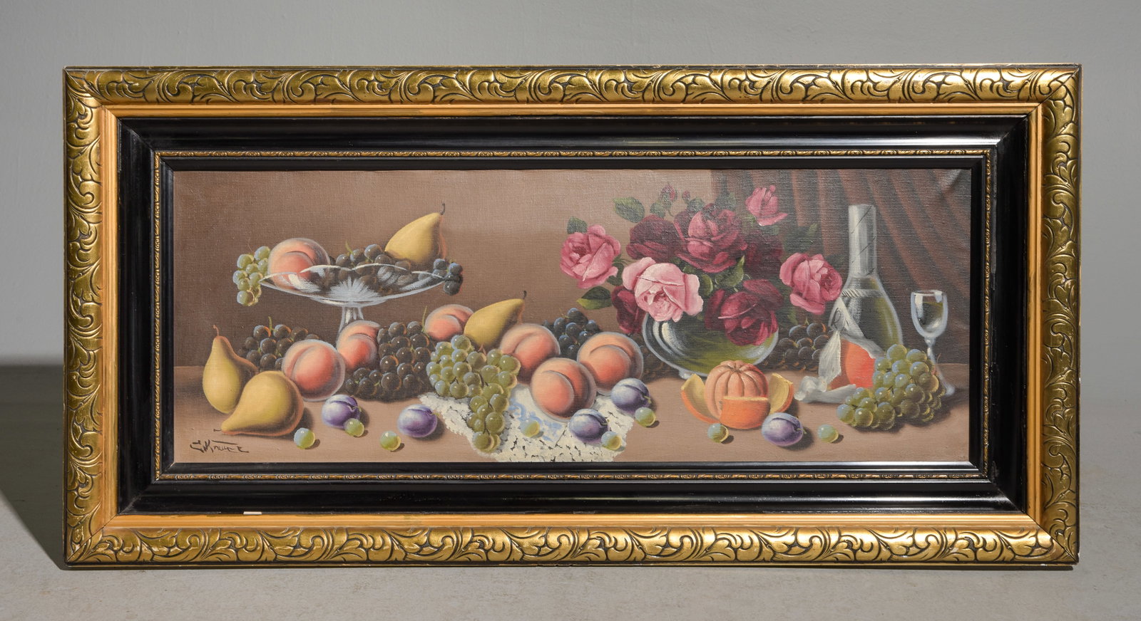Gold Framed Oil on Canvas Still Life: Gold Framed Oil on Canvas Still Life - Floral & Fruit - 42.75 in tall x 21 x 2.5, The work itself is 13 x 34.75