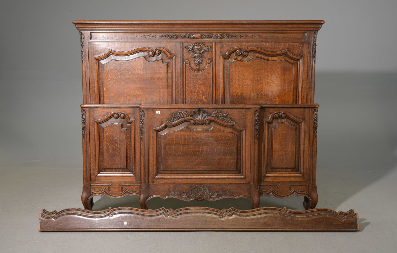 Louis XV Style Oak Bed with Rails: French Louis XV Style Oak Bed with Rails - Headboard is 49.5 in tall x 62 x 3.75, Rails are 76 inches long each - This bed is a European size which can usually be converted to an American size by